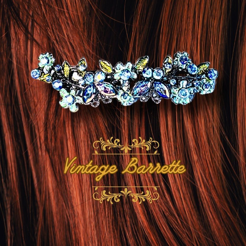 Vintage Barrette Hair Clip Aurora Borealis Floral Blue Crystal
